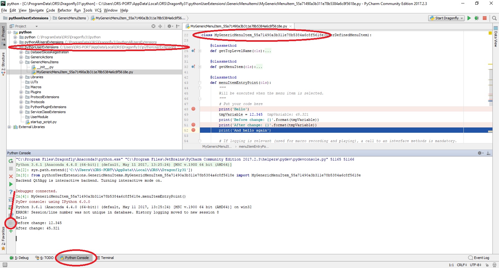 ../../_images/PyCharmPythonConsoleBreakingInCodeConsoleView.jpg